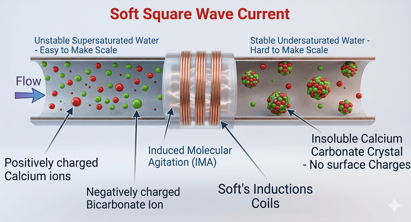 Schematic diagram of a pipe cross-section showing: LEFT (Before) — scattered calcium (red dots) and bicarbonate (green dots) ions in 'Unstable Supersaturated Water'. CENTRE — the Soft Induction Coil providing Induced Molecular Agitation (IMA). RIGHT (After) — ions are clustered into neutral calcium carbonate crystals in 'Stable Undersaturated Water — Hard to Make Scale'.
