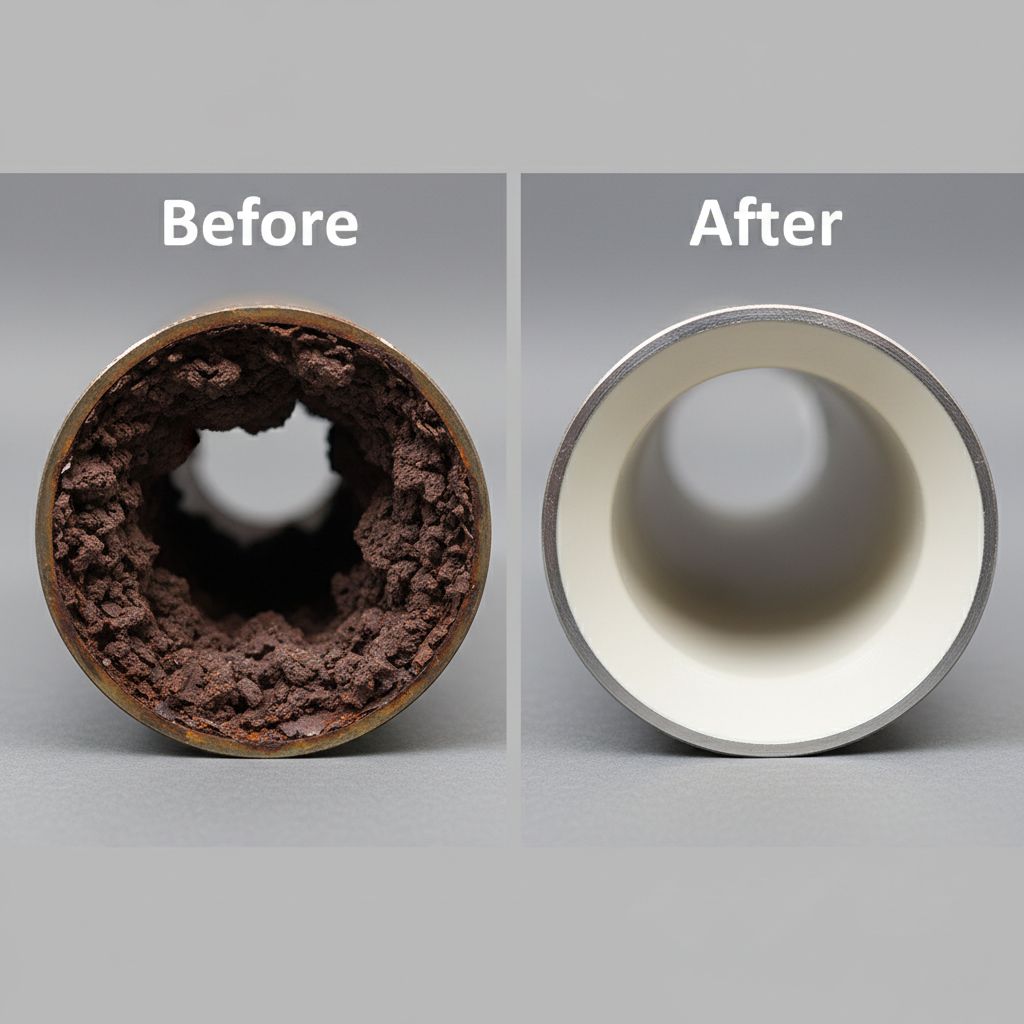 A side-by-side photograph of two cross-sections of metal pipes. The pipe on the LEFT (labelled 'Before') shows the interior completely clogged with thick, dark, crusty mineral scale deposits — almost entirely blocking the water flow path. The pipe on the RIGHT (labelled 'After') shows a clean, open pipe interior with a smooth, light-coloured lining — the full bore of the pipe is visible and unobstructed.