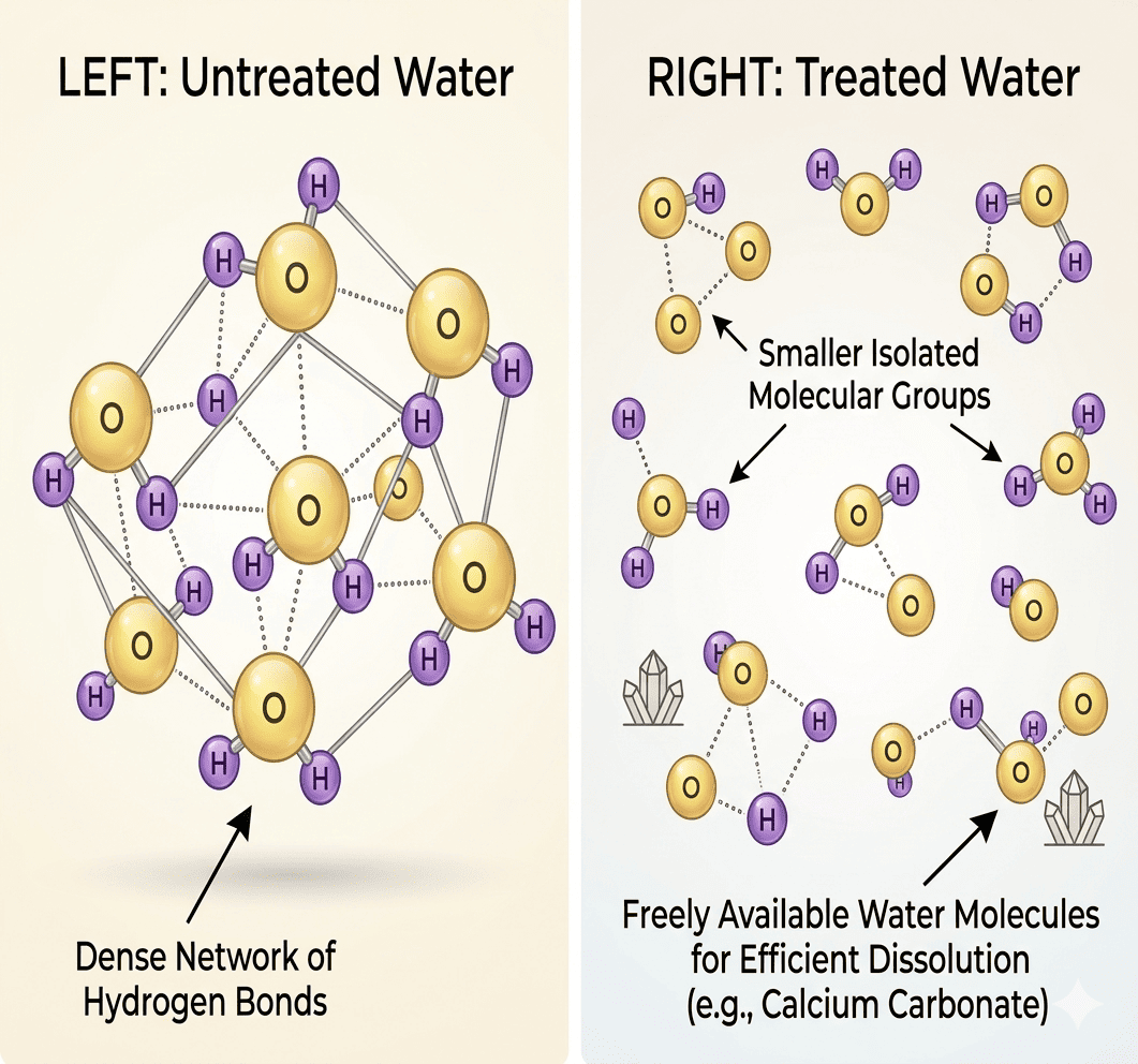 Two-panel comparison: LEFT ('Untreated Water') — water molecules interconnected by hydrogen bonds in a rigid network. RIGHT ('Treated Water') — molecules broken apart into smaller groups of 1–3, scattered and separated, representing freely available water molecules that can dissolve calcium carbonate.
