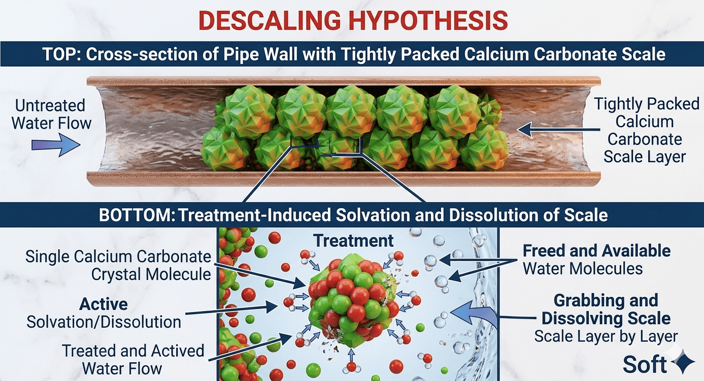 Descaling Hypothesis: TOP — Cross-section of pipe wall with tightly packed calcium carbonate scale layer. BOTTOM — A calcium carbonate molecule surrounded by freed water molecules performing solvation/dissolution, labelled 'with treatment'. This shows how freed water molecules grab and dissolve scale layer by layer.