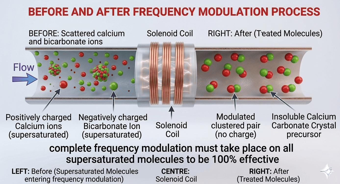 'Before and After' Treatment Zone Diagram showing pipe cross-section. LEFT (Before): Scattered calcium and bicarbonate ions (supersaturated molecules entering the modulation field). CENTRE: Induction Zone. RIGHT (After): Ions grouped into clustered pairs. Caption: Continuous frequency modulation must take place on all supersaturated molecules to be 100% effective.