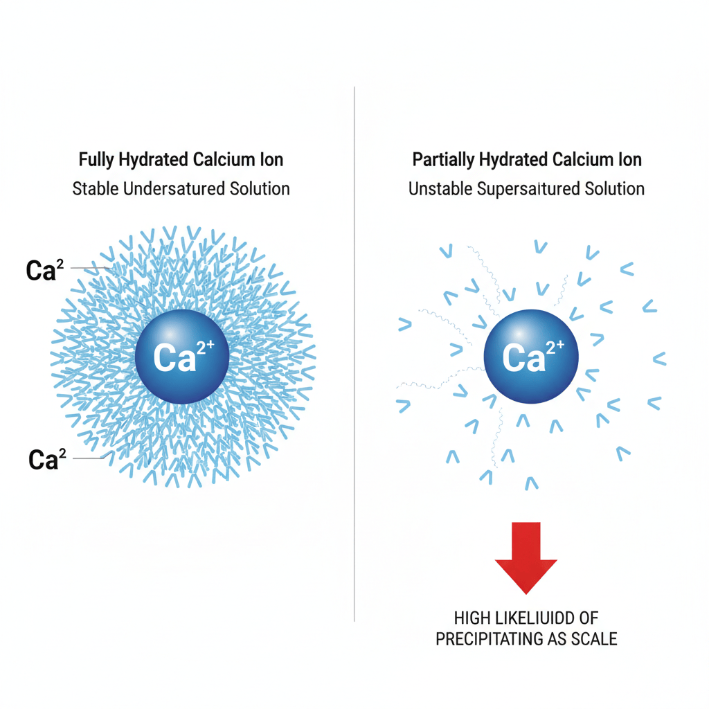 Two side-by-side illustrations of calcium ions. LEFT: 'Fully hydrated calcium ion / stable undersaturated solution' — Ca ion completely surrounded by dense, tightly packed water molecules. RIGHT: 'Partially hydrated calcium ion / unstable supersaturated solution' — Ca ion with fewer, loosely scattered water molecules, indicating weak retention and high likelihood of precipitating as scale.