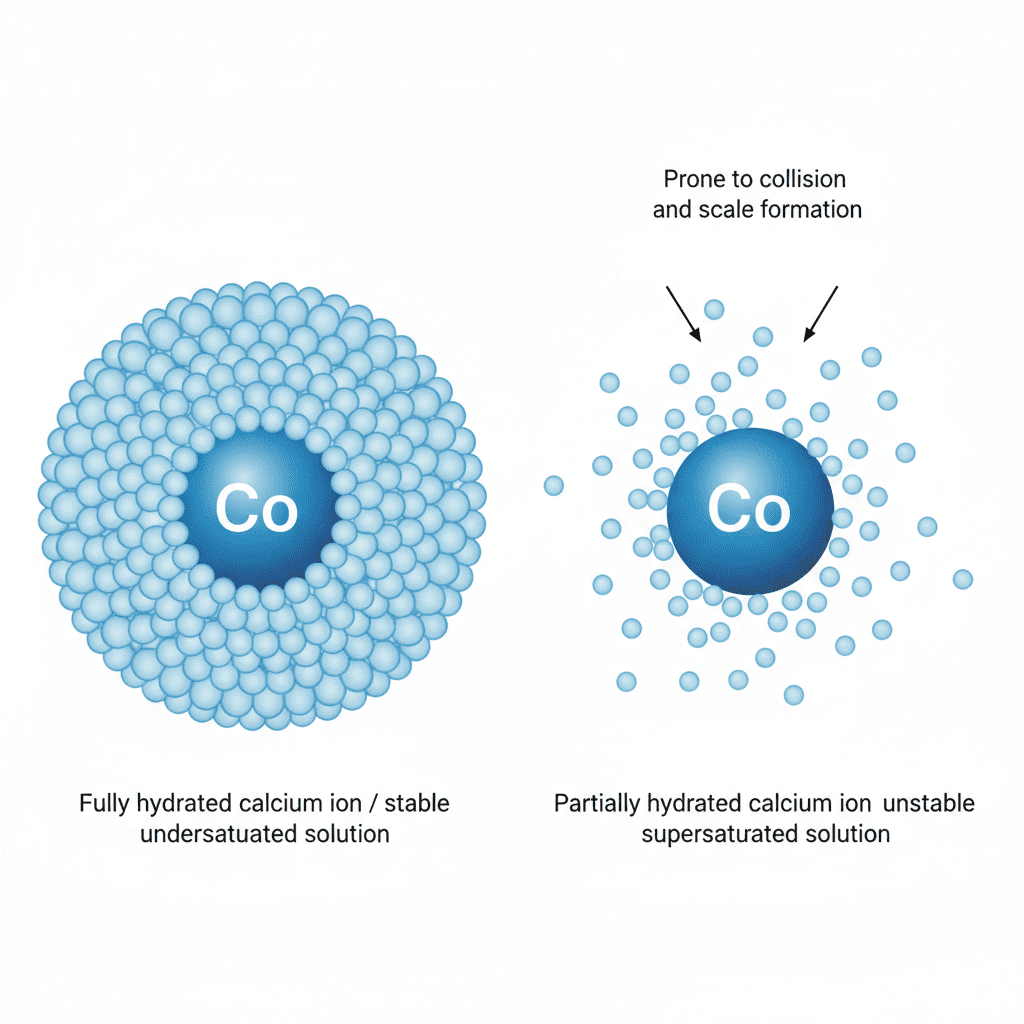 Two side-by-side illustrations of calcium ions. LEFT: 'Fully hydrated calcium ion / stable undersaturated solution' with dense, tightly packed water molecules. RIGHT: 'Partially hydrated calcium ion / unstable supersaturated solution' with sparse, incomplete water molecule shell — making it prone to collision and scale formation.