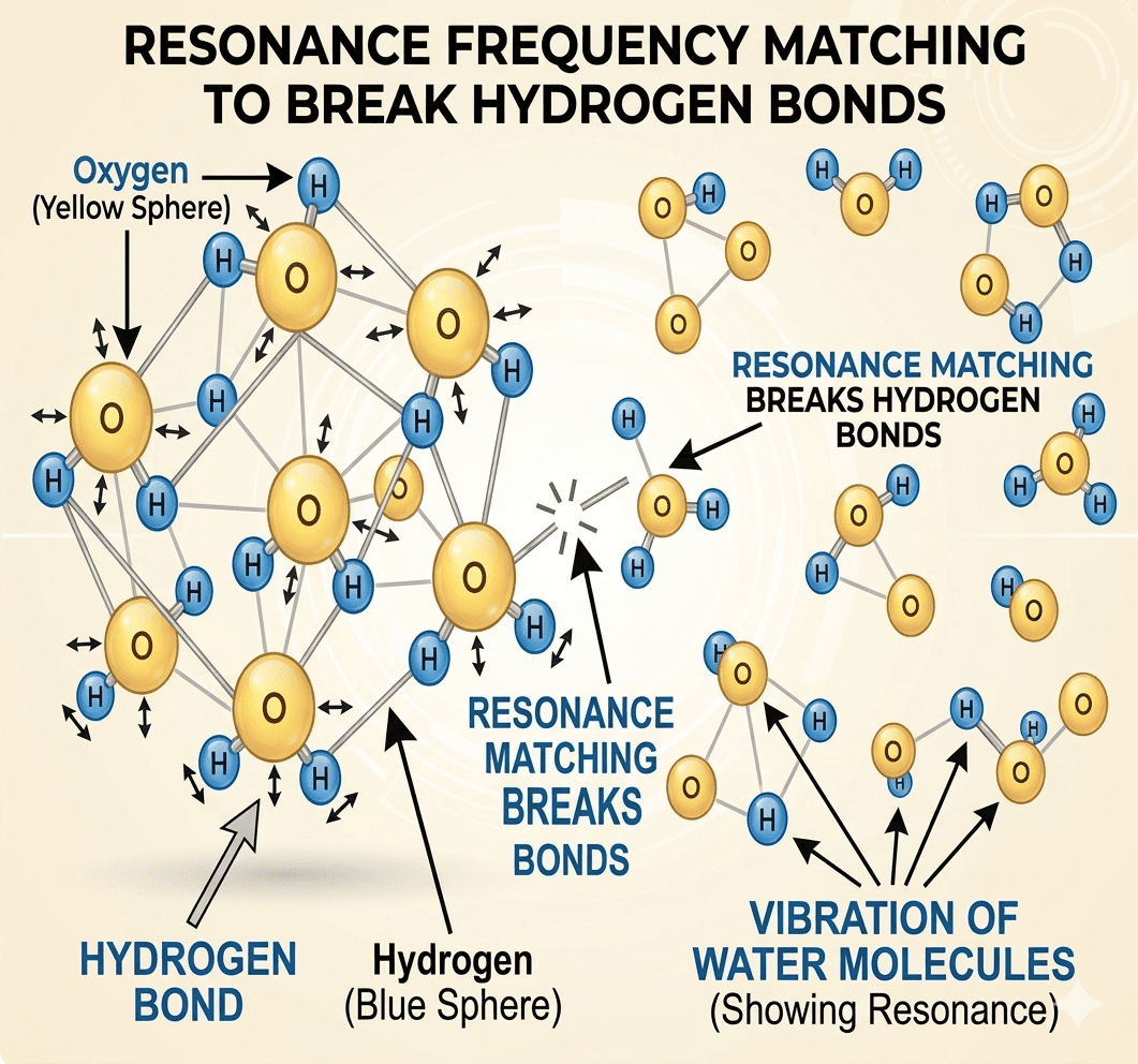 Detailed molecular diagram showing 6 water molecules (yellow oxygen + blue hydrogen) interconnected by hydrogen bonds in a lattice pattern. Each molecule has double-headed arrows (↔) showing vibration. Labels point to 'Hydrogen bond' (connecting lines) and 'Vibration of water molecules' (the arrows). This illustrates resonance frequency matching that breaks hydrogen bonds.