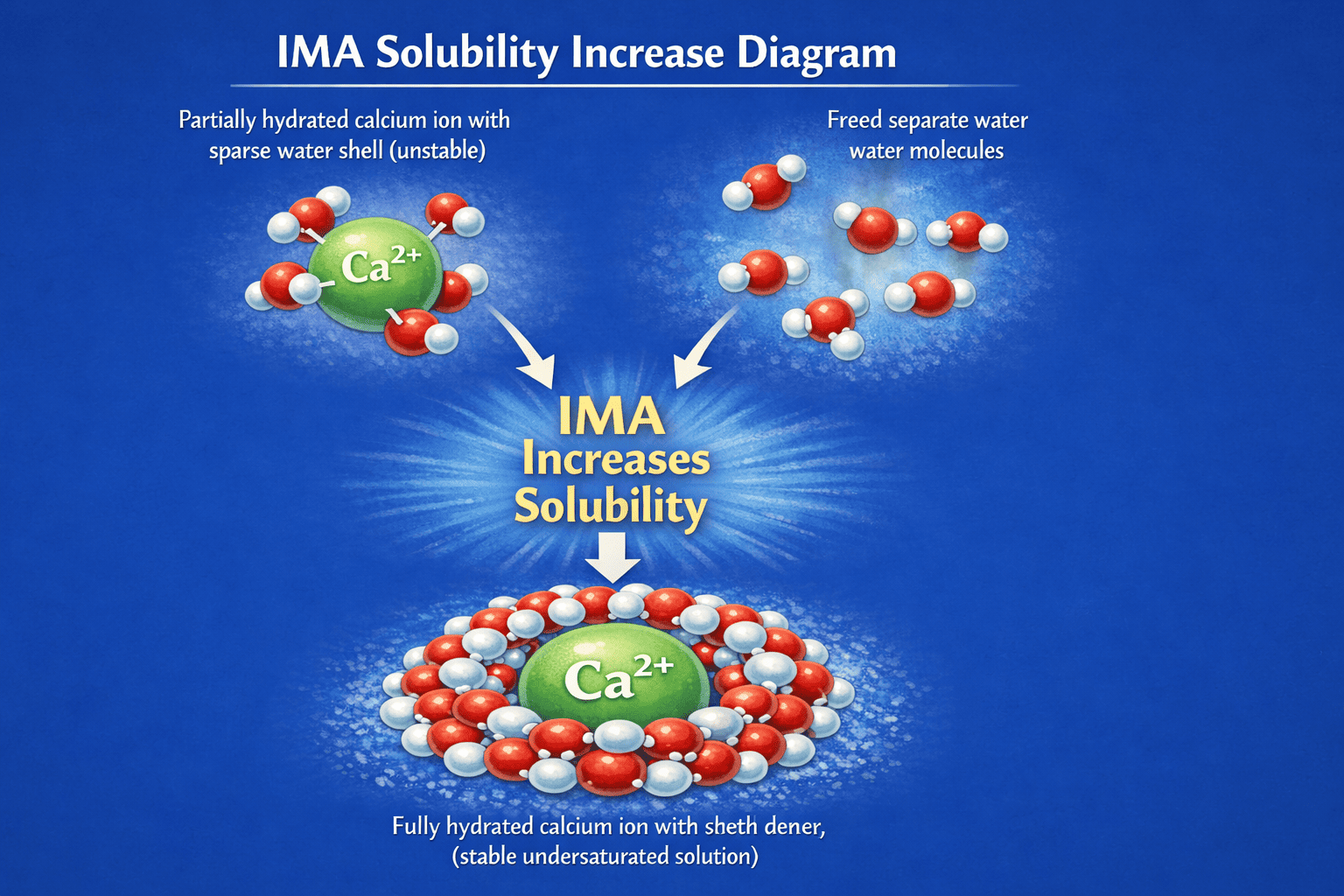 IMA Solubility Increase Diagram: TOP LEFT — Partially hydrated calcium ion with sparse water shell (unstable). TOP RIGHT — Freed separate water molecules. CENTRE — IMA increases solubility. BOTTOM — Fully hydrated calcium ion with dense, complete water shell (stable undersaturated solution).