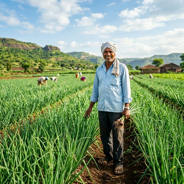 Nashik farmer Kaushik Gyandev Sonawane showing healthy green onion crop.
