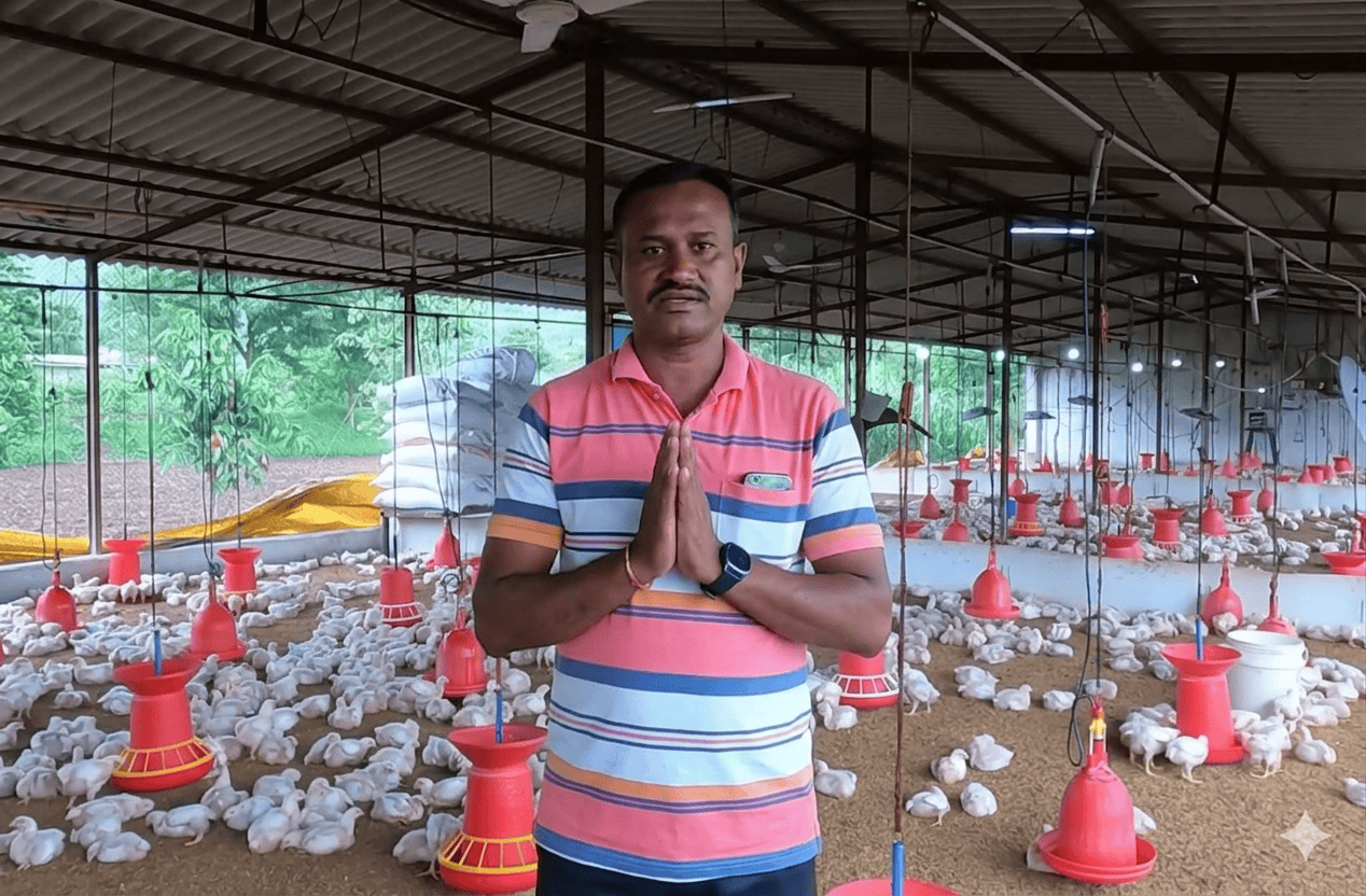 Dhule poultry farmer Rahul Bhamre achieving high broiler weight gain and health.