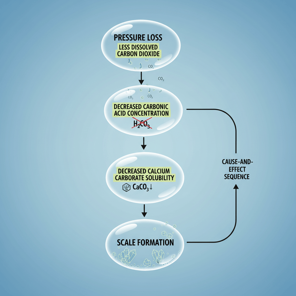 A cascading bubble/oval chain diagram showing the cause-and-effect sequence of pressure loss leading to scale: Pressure Loss → Less dissolved carbon dioxide → Decreased carbonic acid concentration → Decreased calcium carbonate solubility → Scale formation.