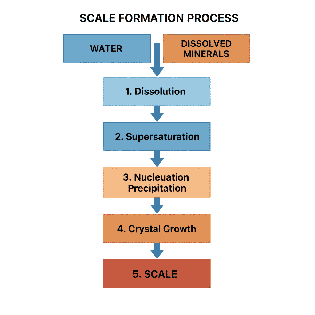A vertical flowchart diagram showing the sequential stages of scale formation. It begins with two input boxes — 'WATER' and 'DISSOLVED MINERALS' — which merge into a single downward flow through: Dissolution → Supersaturation → Nucleation Precipitation → Crystal Growth → Scale.