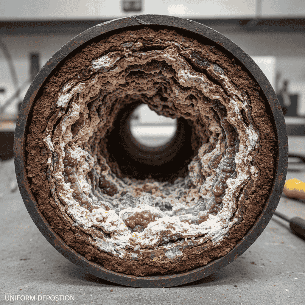 A photograph showing the interior cross-section of a heavily scaled metal pipe. The circular interior bore is almost completely blocked by thick, reddish-brown and whitish mineral scale deposit built up uniformly around the entire inner wall. This illustrates the 'uniform deposition' characteristic of scale — it adheres evenly due to electrostatic attraction rather than gravity.