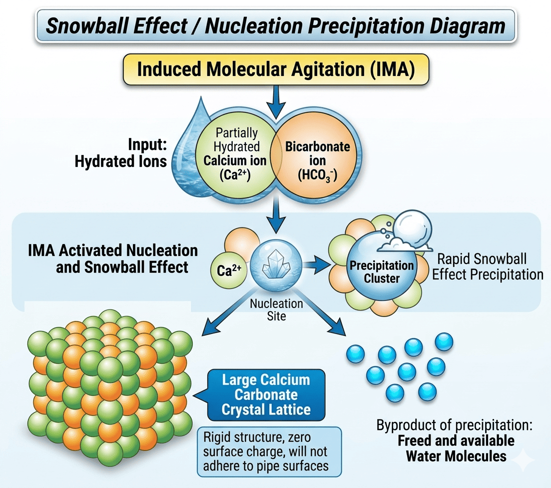 Snowball Effect / Nucleation Precipitation Diagram: Partially hydrated calcium ion + bicarbonate ion → IMA creates nucleation → Snowball effect starts → Large calcium carbonate crystal lattice with no surface charge (no longer sticks to pipe walls). Also shows freed water molecules as by-product.
