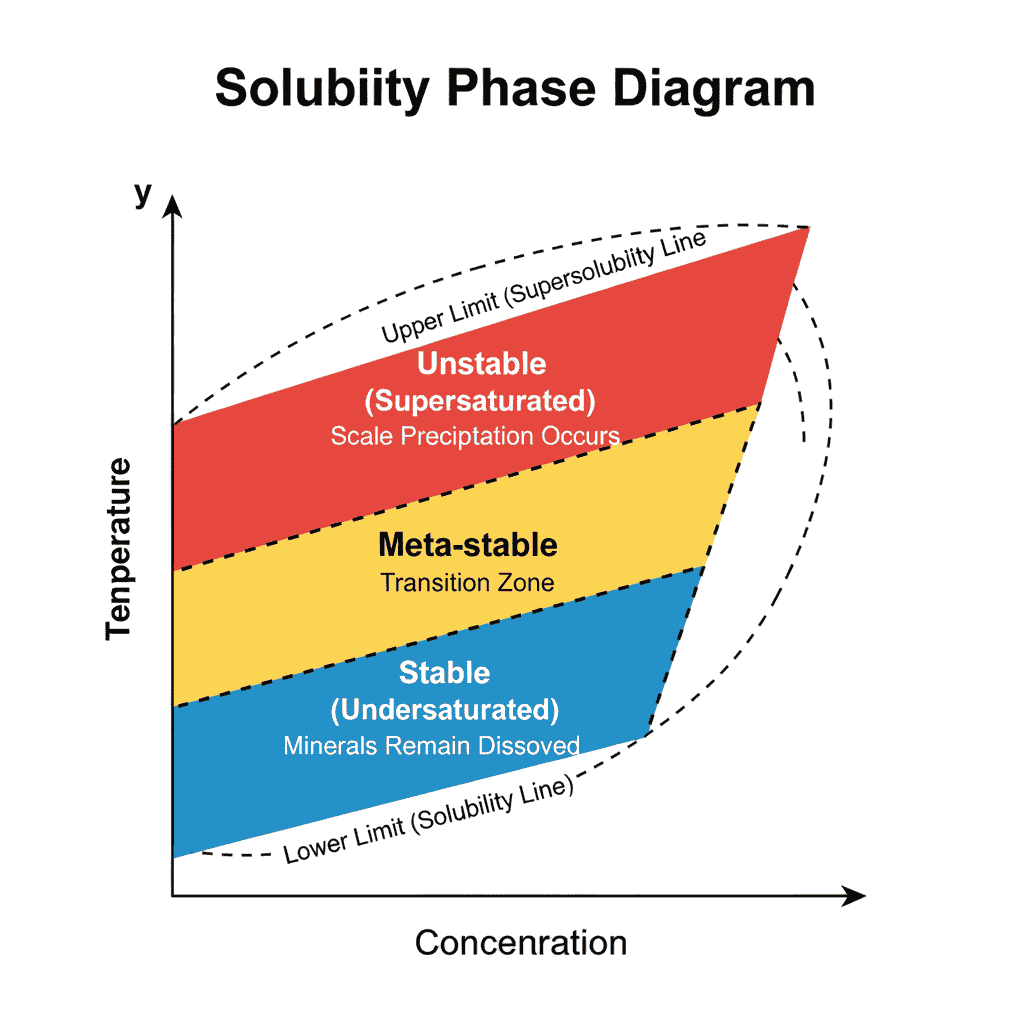 A graph with 'Concentration' on the X-axis showing three diagonal zones: Unstable (Supersaturated) at top where scale precipitation occurs, Meta stable in the middle transition zone, and Stable (Undersaturated) at bottom where minerals remain dissolved.
