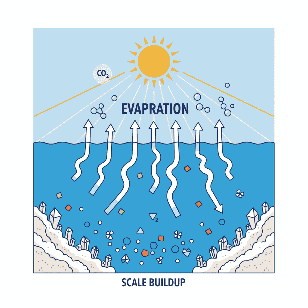 A diagram showing a body of water under sunlight, with wavy upward arrows labelled 'EVAPORATION' rising from the water surface toward the sun. This illustrates how heating water causes CO₂ to evaporate and water to evaporate, concentrating dissolved minerals that then form scale.