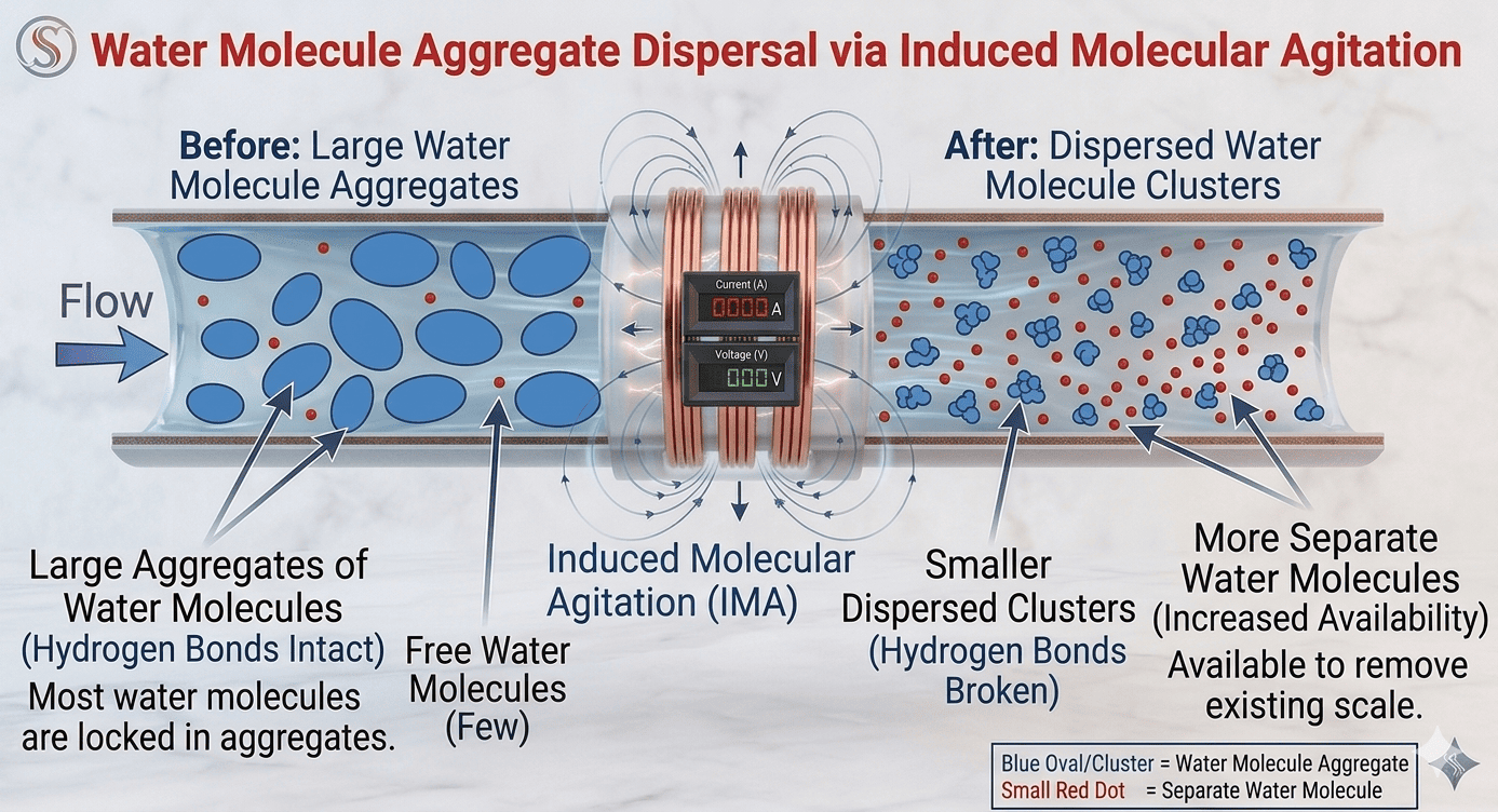 Pipe cross-section diagram showing water molecule behaviour. LEFT (Before): Large blue oval blobs (Aggregates of Water Molecules) mixed with small red dots (Free Water Molecules) — most water molecules are locked in aggregates. CENTRE: Soft Induction Coil with IMA. RIGHT (After): Aggregate blobs broken into smaller clusters — hydrogen bonds are broken, more separate water molecules available to remove existing scale.