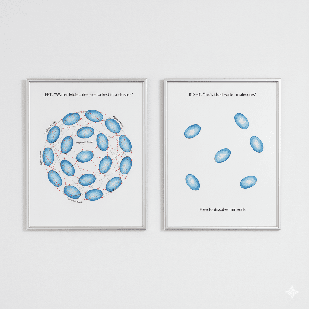Two side-by-side illustrations. LEFT: 'Water Molecules are locked in a cluster' — 8-10 oval shapes connected in an interconnected network via hydrogen bonds. RIGHT: 'Individual water molecules' — 5-6 oval shapes scattered separately with no connecting lines, representing free water molecules available to dissolve minerals.