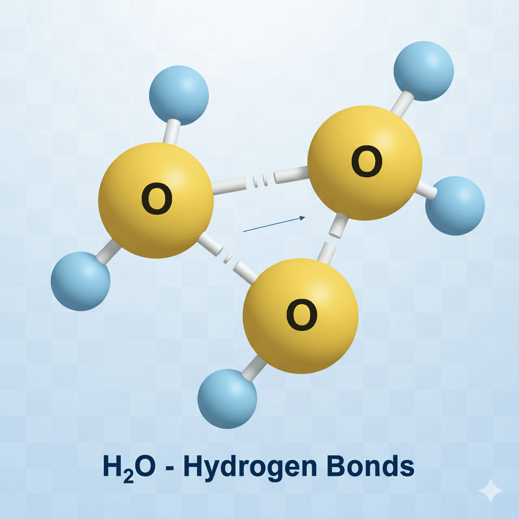 Two water molecules (H₂O) connected by bonds. Each molecule shown as a large yellow sphere (oxygen) bonded to two smaller blue spheres (hydrogen). They are connected at an angle showing the dipole moment and how water molecules lock together in aggregates via hydrogen bonds.
