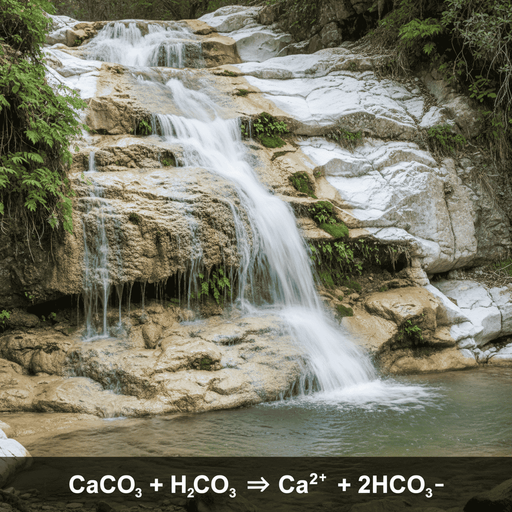A photograph of a natural waterfall cascading over rocky limestone/marble terrain, illustrating how acidic rainwater flows over and permeates through calcium carbonate-rich rocks, dissolving minerals as it passes through. Below, the chemical equation: CaCO₃ + H₂CO₃ → Ca²⁺ + 2HCO₃⁻.